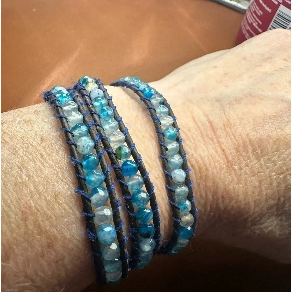 BEACHY BLUES! Handmade Leather‎ Wrap Bracelet With Blue Beads